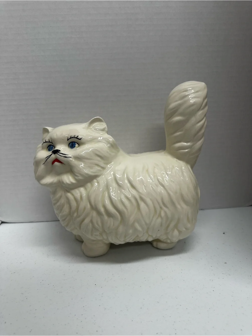 Vintage White Ceramic Persian Cat Figurine Blue Eyes Kitschy Mid Century Decor